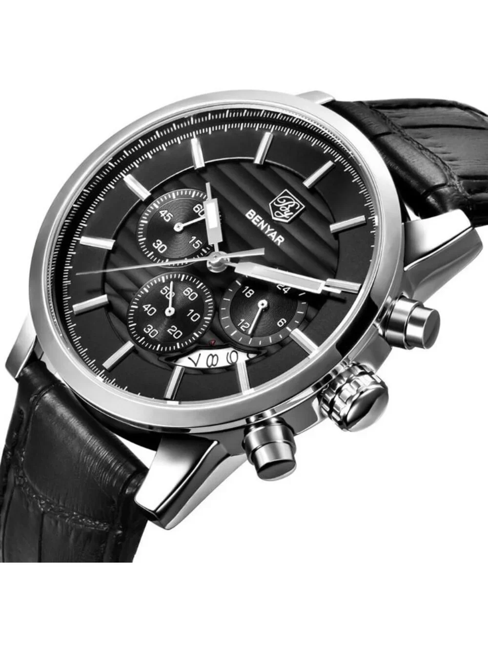 Men's Black Analog Quartz Leather Strap Chronograph Sport Waterproof Wrist Watch